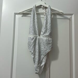 Rhinestone Drip Wrap Swimsuit - White